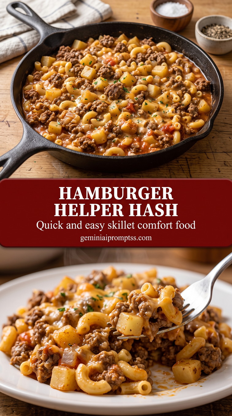 hamburger helper hash with a skillet hamburger hash with ground beef, potato cubes, elbow macaroni, peppers, onion, and a creamy cheese-style sauce