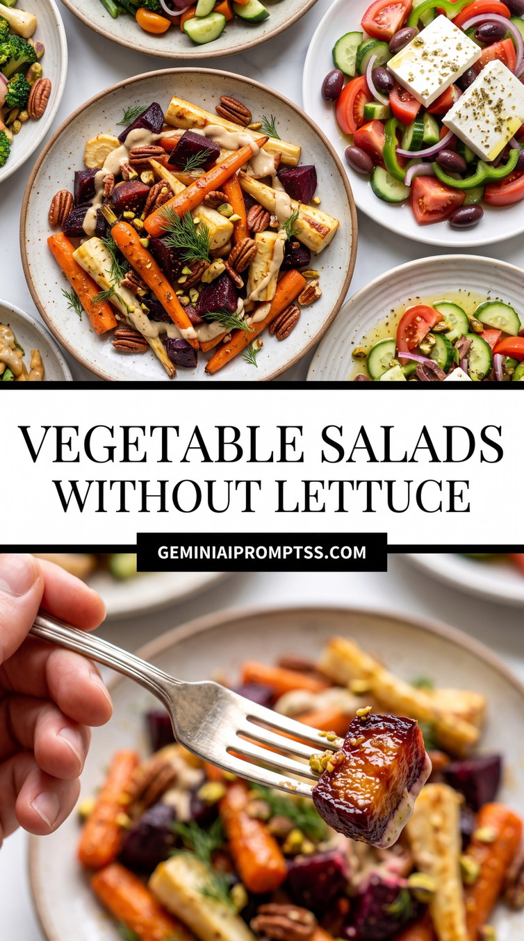 Vegetable Salads Without Lettuce showing a collection of colorful vegetable salads without any lettuce, including roasted carrot-like and beet-like vegetables