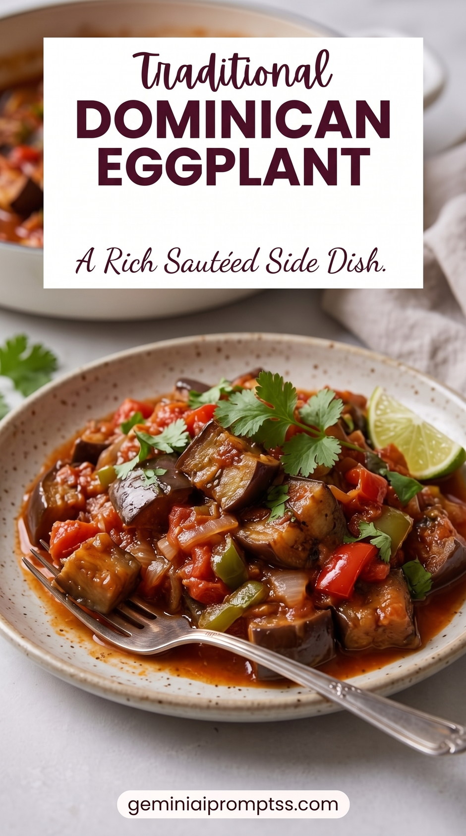 Dominican Berenjena Guisada showing Dominican-style stewed eggplant with tomatoes, peppers, onions, cilantro, and lime
