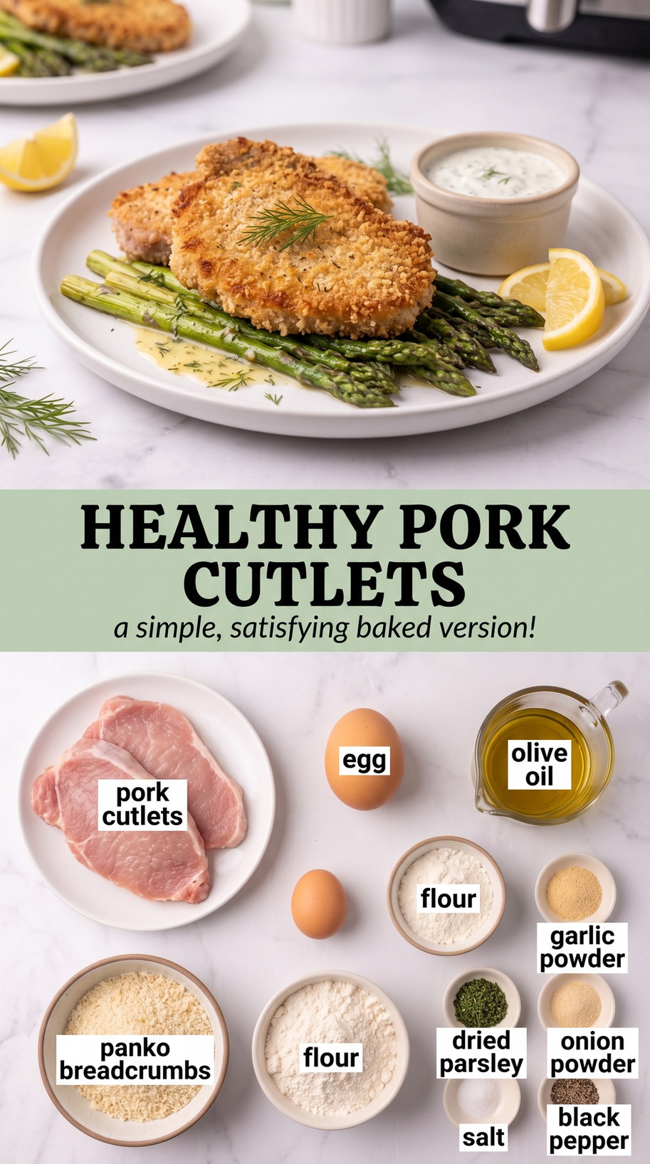 Healthy Pork Cutlets with Cabbage-Apple Slaw prepared as a finished healthy pork cutlet recipe recipe with browned cutlets ready to serve