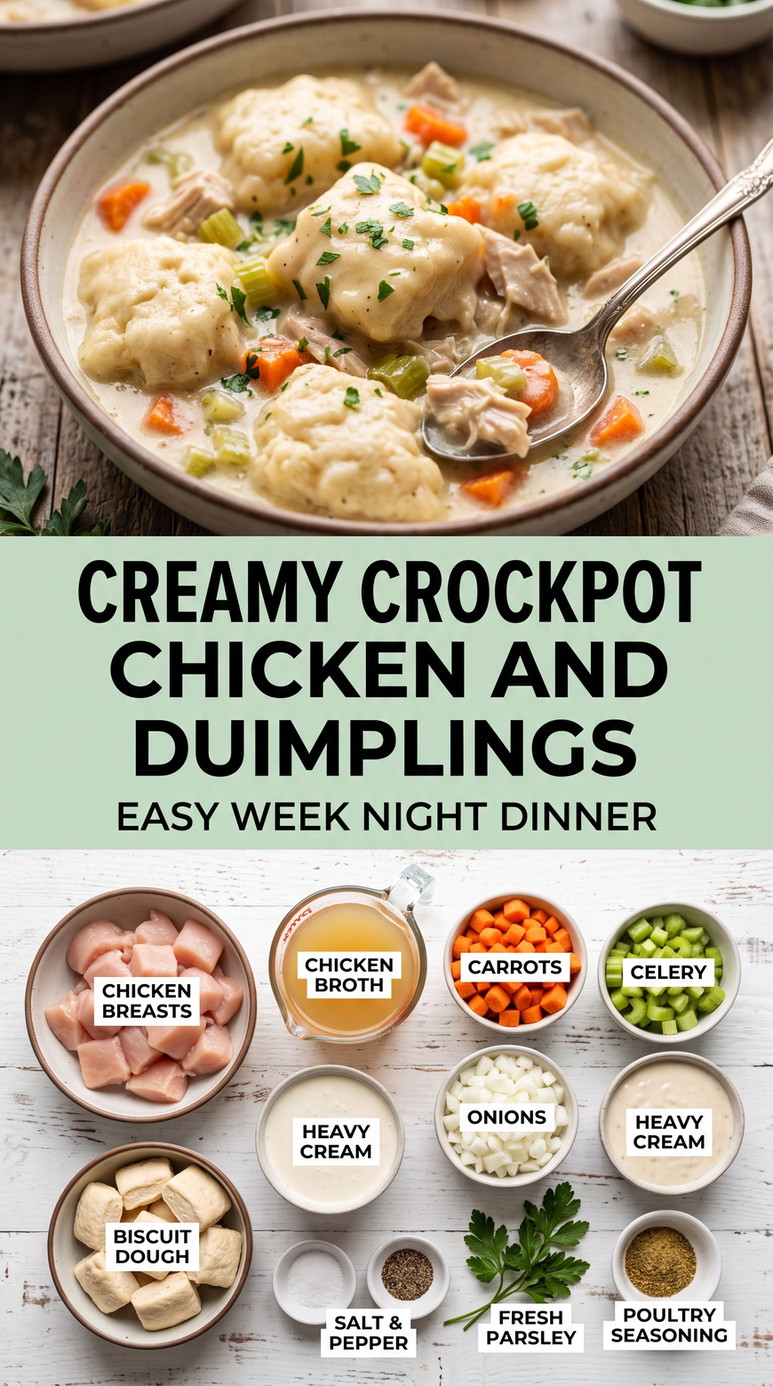 Creamy Crockpot Chicken and Dumplings with creamy slow-cooker chicken and dumplings with carrots, celery, onion, cream, biscuit dough, and parsley