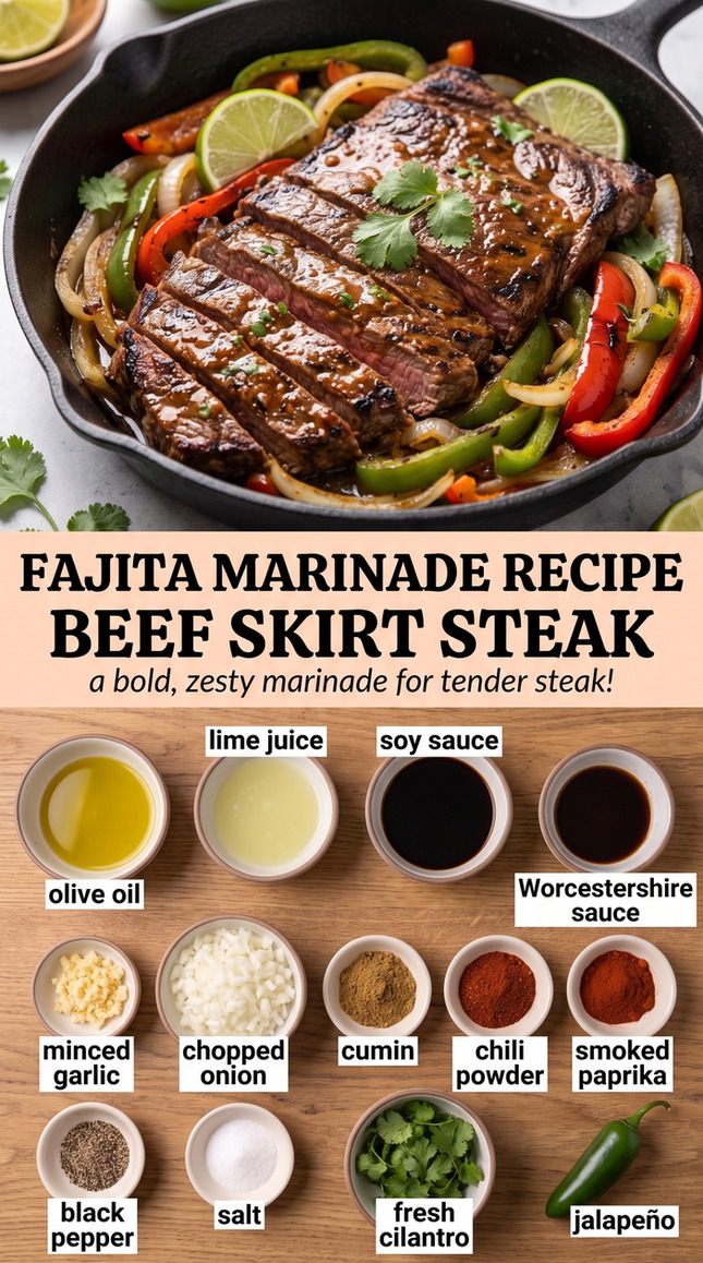Fajita marinade recipe beef skirt steak showing sliced grilled skirt steak with charred peppers and onions