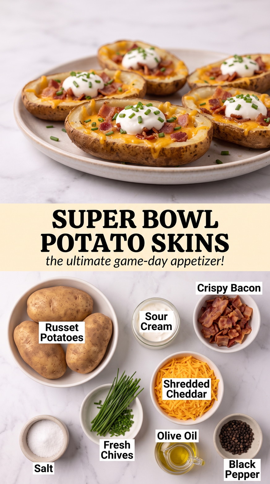 Super Bowl Potato Recipes with loaded potato skins with cheddar, bacon, sour cream, chives, olive oil, salt, and pepper