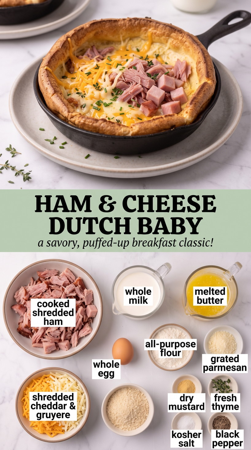 Ham and Cheese Dutch Baby Pancake showing a savory puffed Dutch baby filled with diced ham, melted cheese and thyme