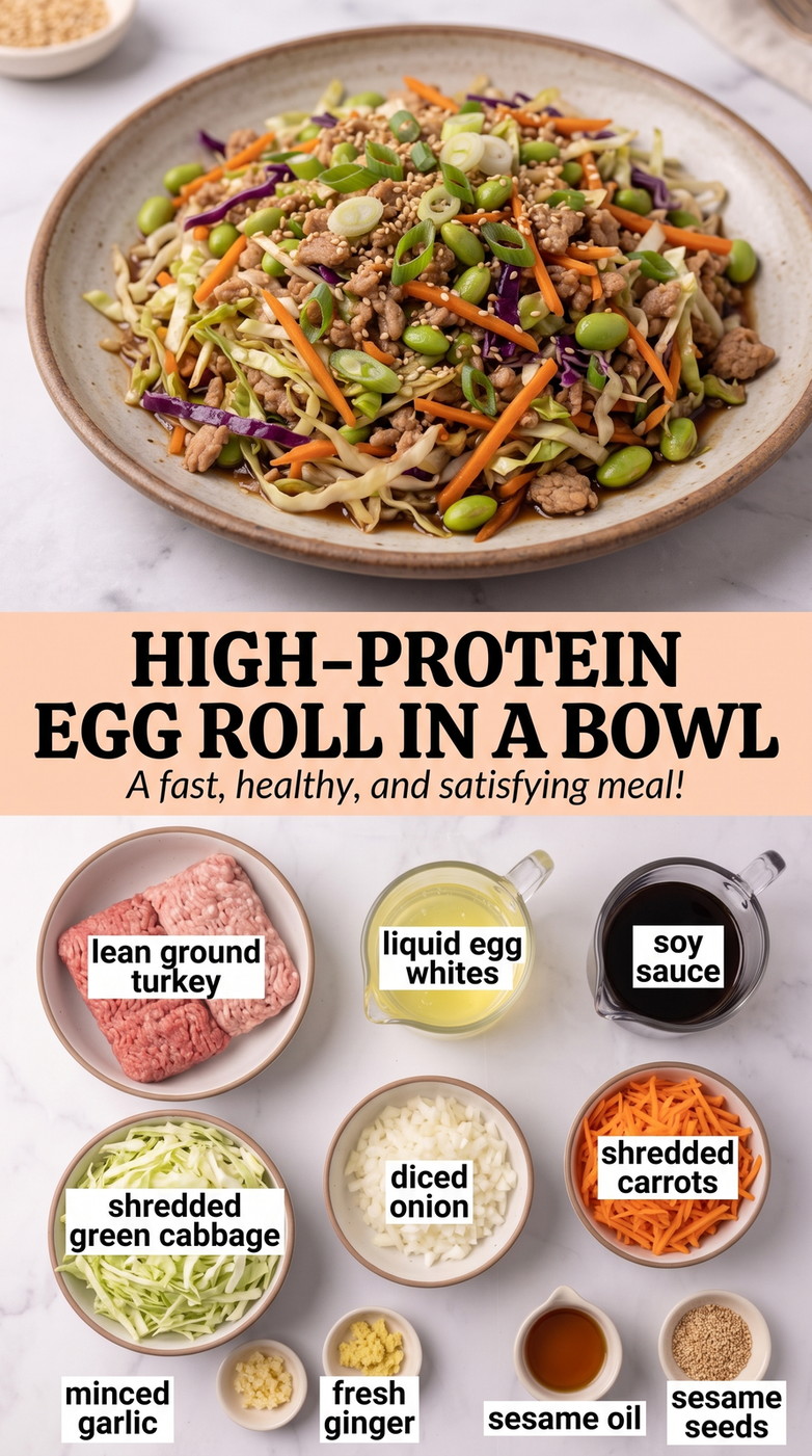 High-protein Egg Roll in a Bowl showing lean ground turkey with shredded cabbage, carrots, onion, garlic, ginger, scallions, sesame, and a savory sesame-soy coating