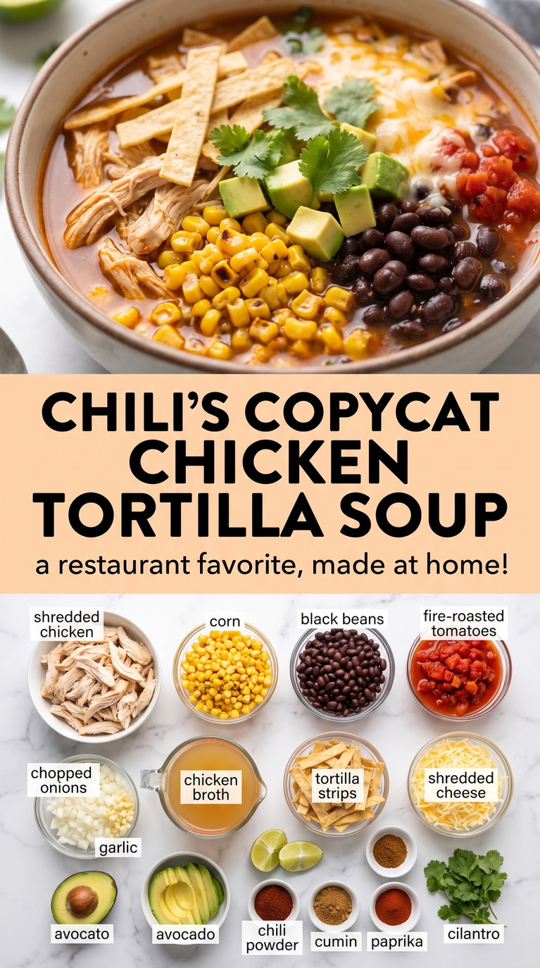 Chili's Copycat-Style Chicken Tortilla Soup with Peppers - a hearty bowl with shredded chicken, beans, corn, tortilla strips, and fresh toppings