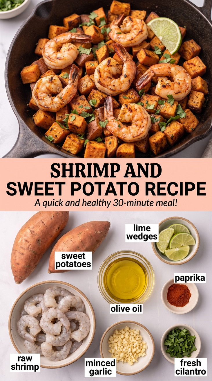 Shrimp and sweet potato recipe finished dish made with sweet potatoes, lime wedges, and olive oil