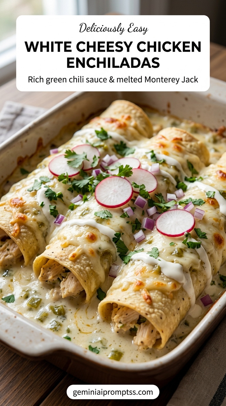 White Cheesy Chicken Enchiladas finished dish with shredded chicken, melted cheese