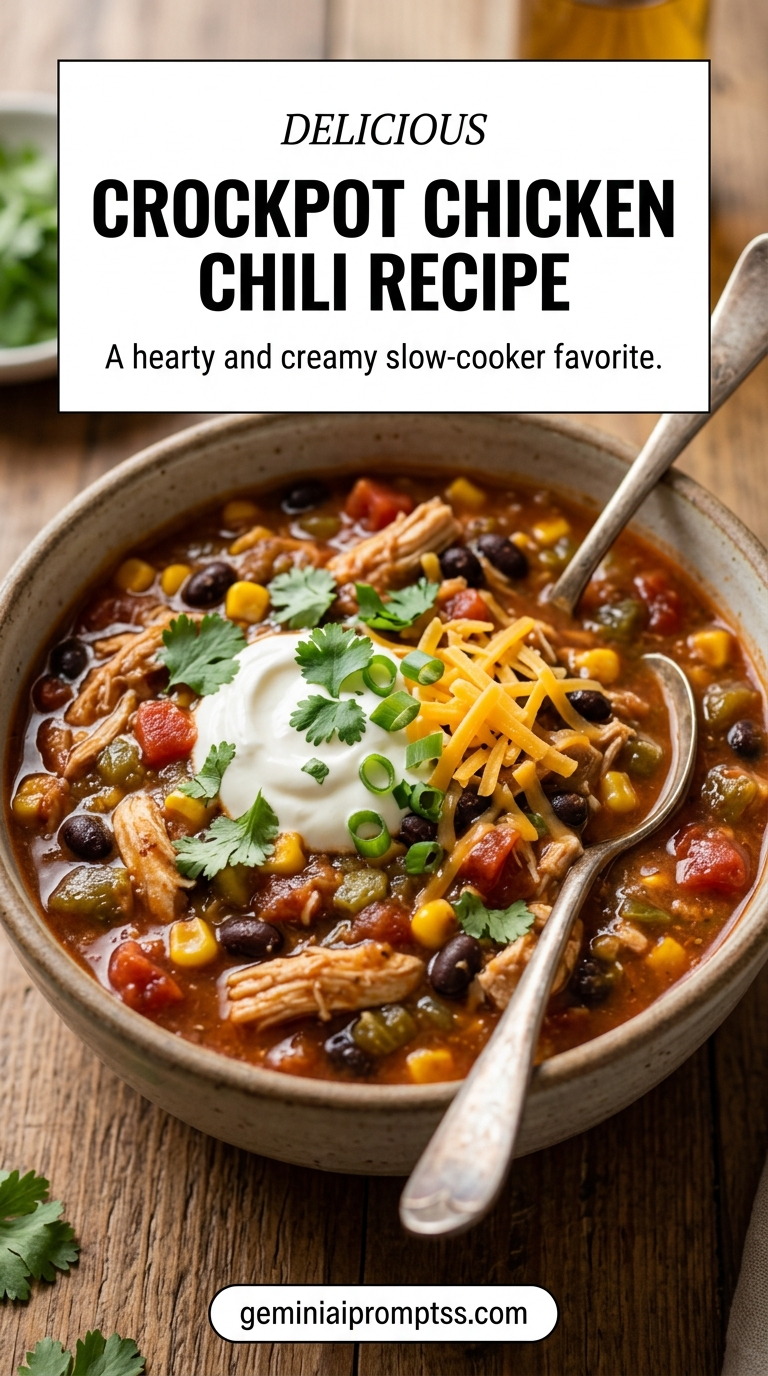 Crockpot Chicken Chili Recipe showing red crockpot chicken chili with shredded chicken, black beans, corn, tomatoes, cheddar, sour cream, scallions, and cilantro