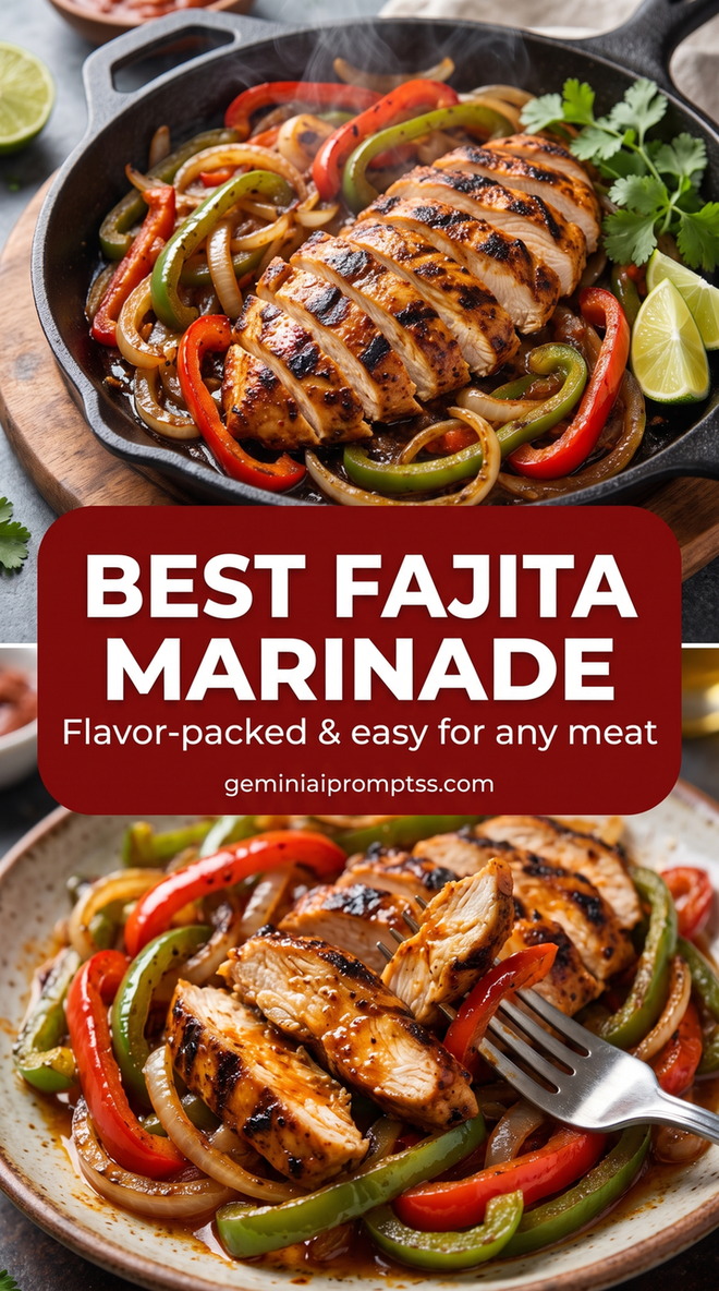Best fajita marinade showing seared fajita protein with colorful peppers and onions