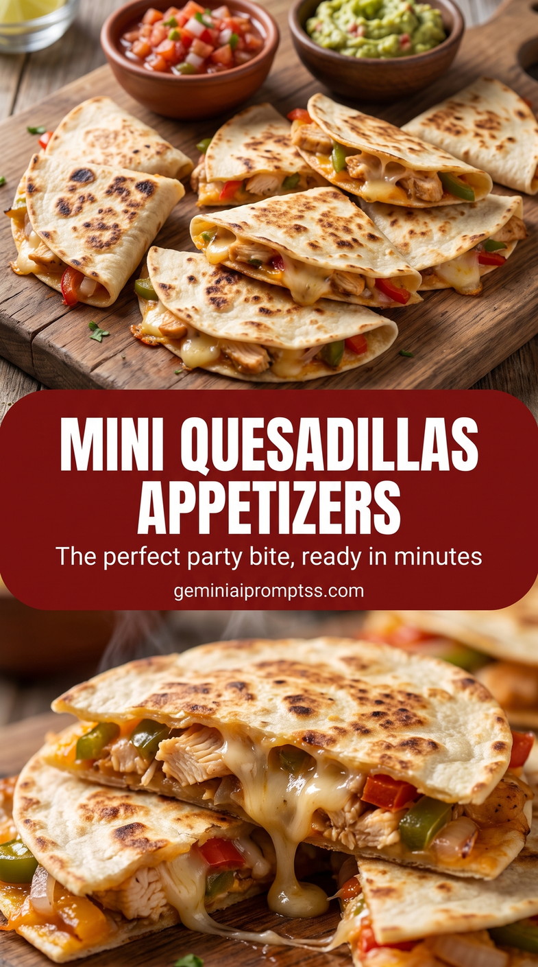 mini chicken quesadilla appetizers with small crisp tortilla wedges with chicken, cheese, and a colorful filling