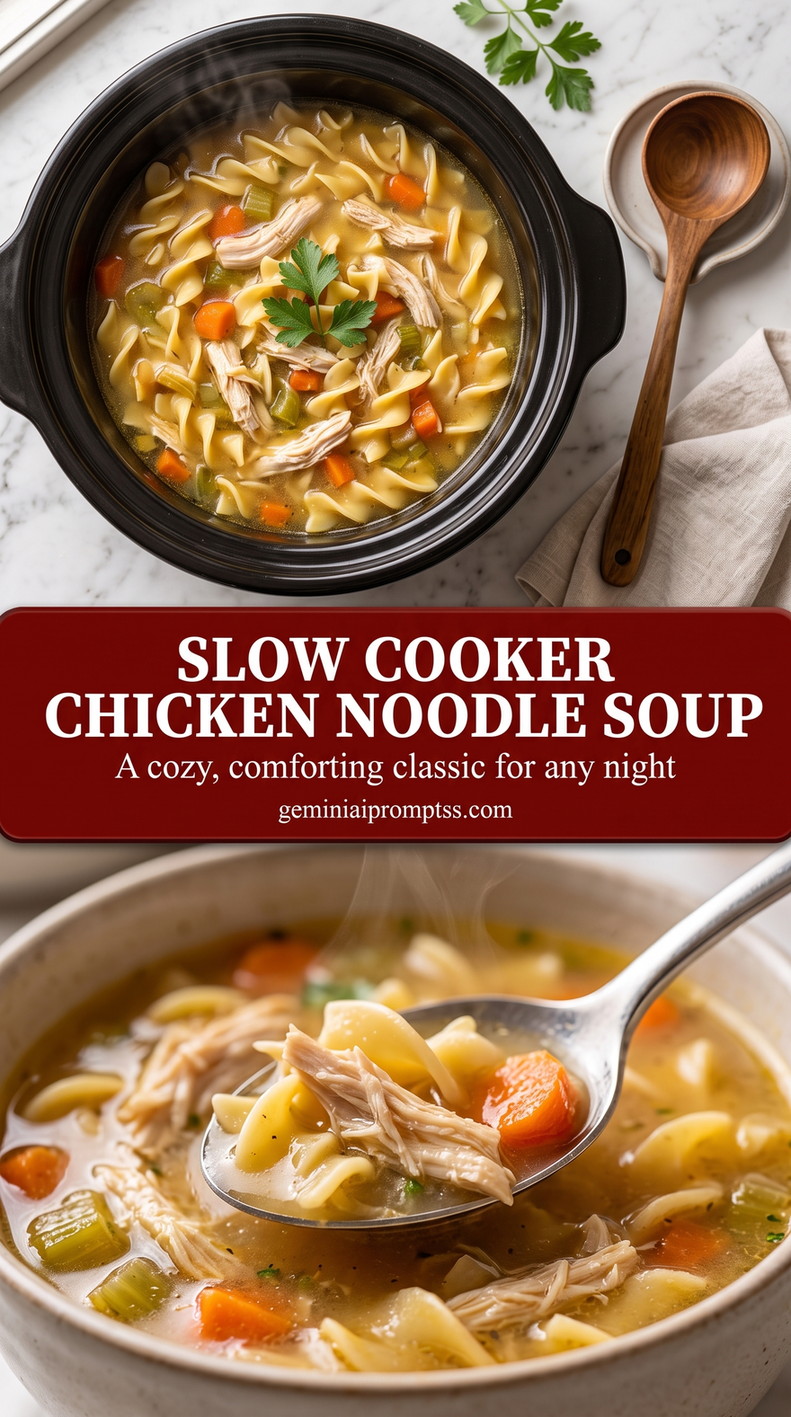 Slow Cooker Chicken Noodle Soup with tender chicken, noodles, carrots, celery, clear golden broth, and a light herb finish