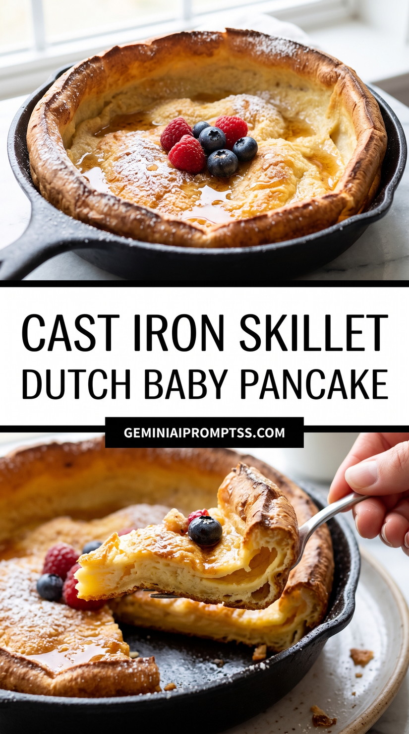 Cast Iron Skillet Dutch Baby Pancake showing very tall browned rim in a black cast-iron skillet, pale custardy center, mixed berries