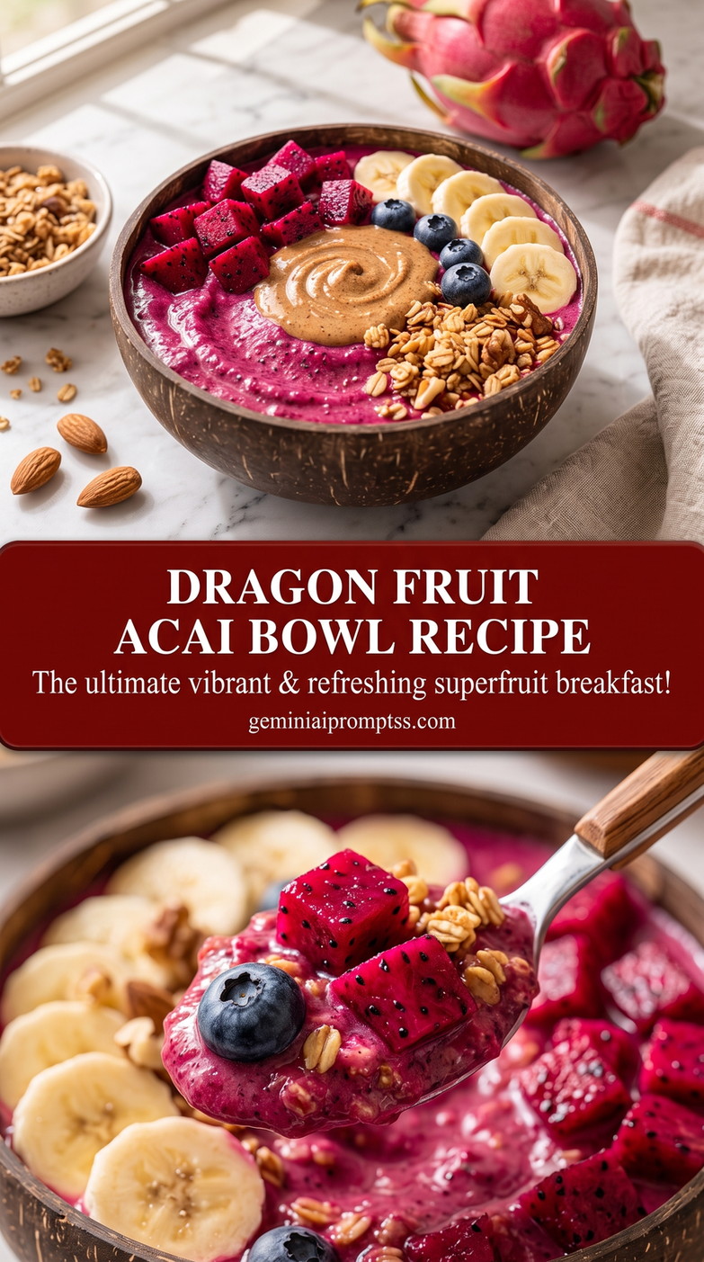 dragon fruit acai bowl recipe with a bright pink-purple acai bowl with dragon fruit cubes, banana, blueberries, granola, almond butter, and almonds