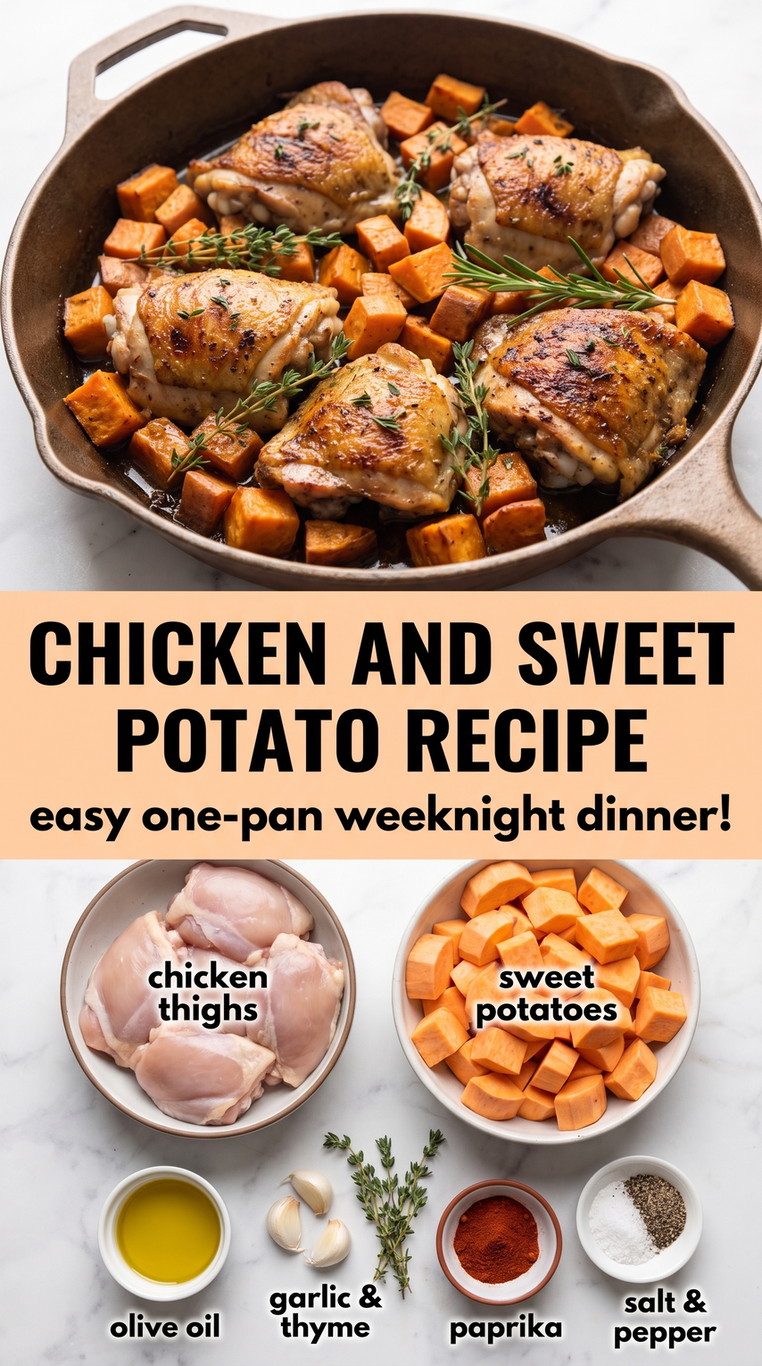 Chicken and sweet potato recipe finished dish made with chicken thighs, sweet potatoes, and olive oil