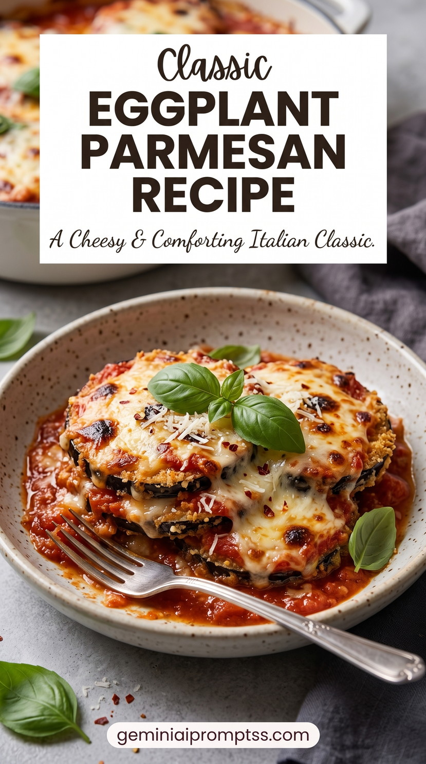Classic Crispy Eggplant Parmesan showing stacked breaded eggplant rounds with tomato sauce, melted cheese, and basil