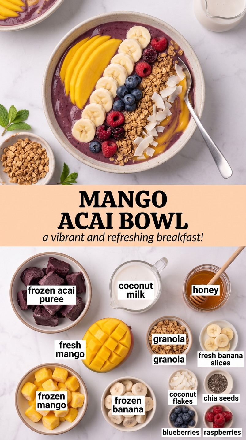 Mango Acai Bowl Recipe with mango acai with banana, berries, granola, coconut, chia, and honey