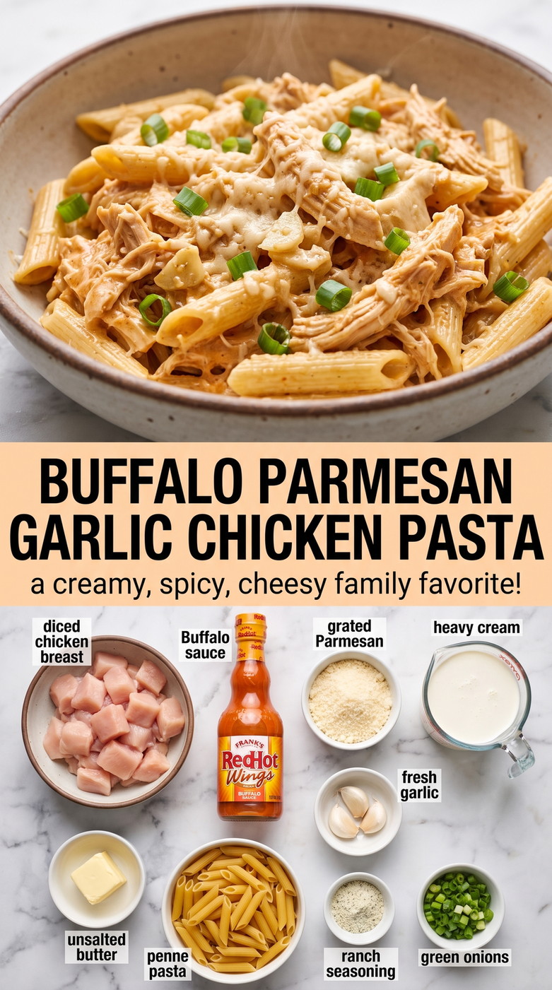 Buffalo parmesan garlic chicken pasta showing creamy pasta coated in Parmesan sauce with tender chicken