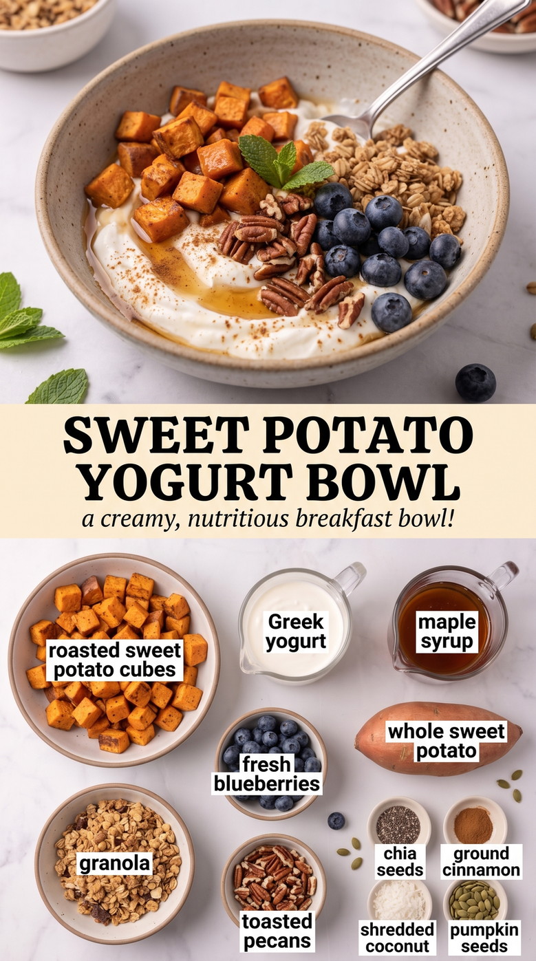 Sweet Potato Yogurt Bowl showing Greek yogurt with roasted sweet potato, blueberries, granola, pecans, chia, pumpkin seeds, maple, and cinnamon
