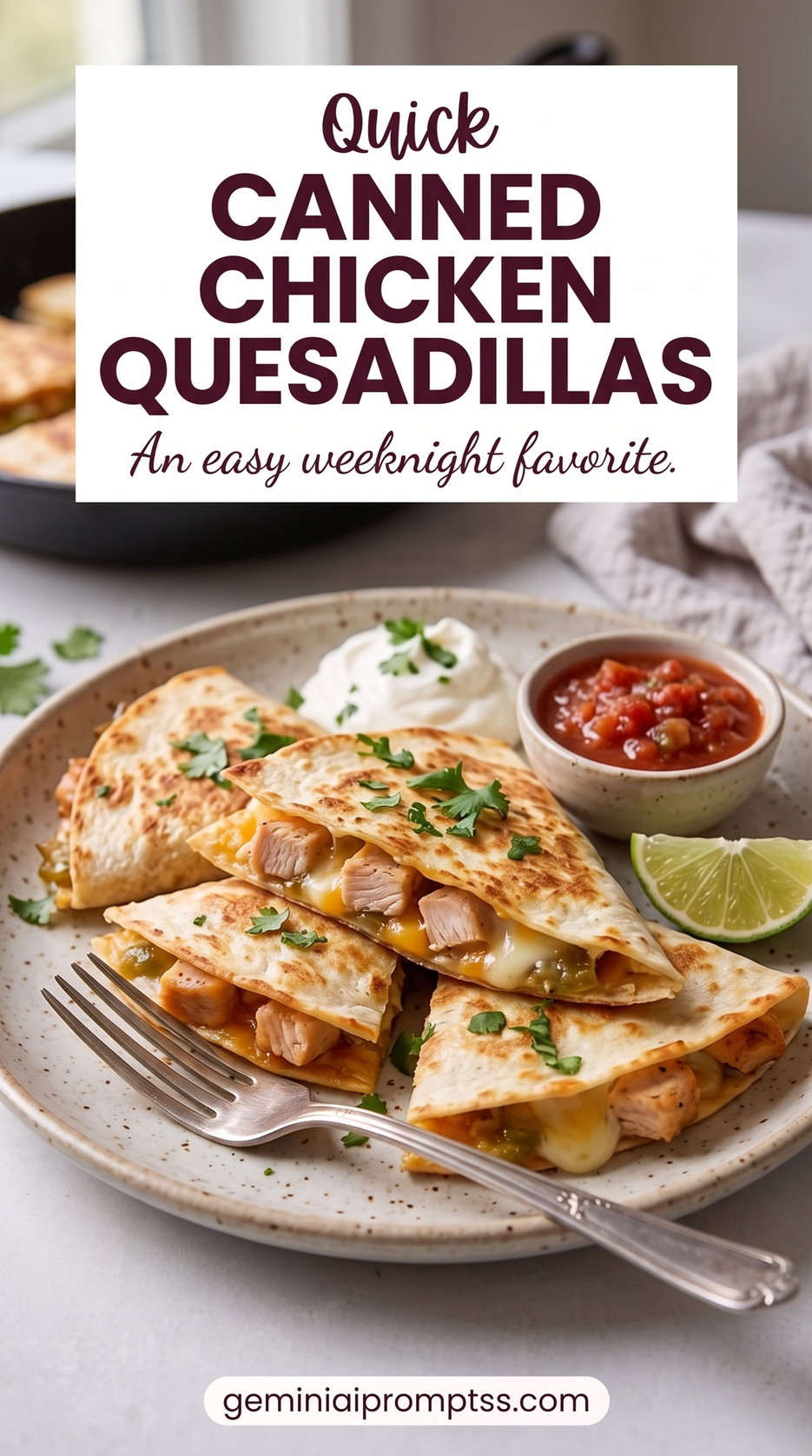 Canned Chicken Quesadillas Easy with golden folded tortillas, melted cheese, colorful vegetables, and a fresh green garnish