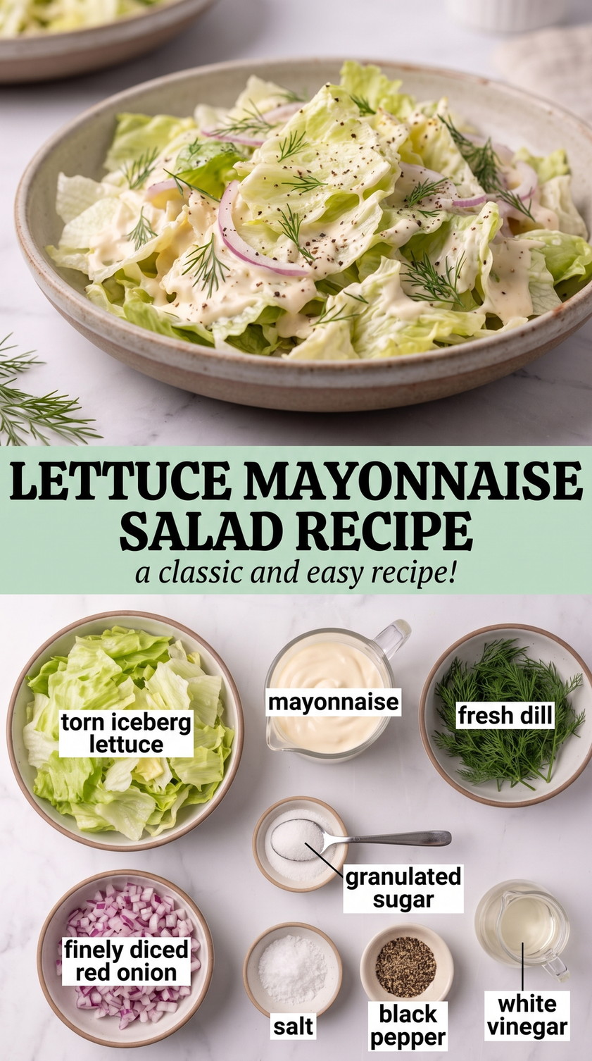 Lettuce Mayonnaise Salad Recipes showing a creamy iceberg lettuce salad with mayonnaise, red onion and fresh dill