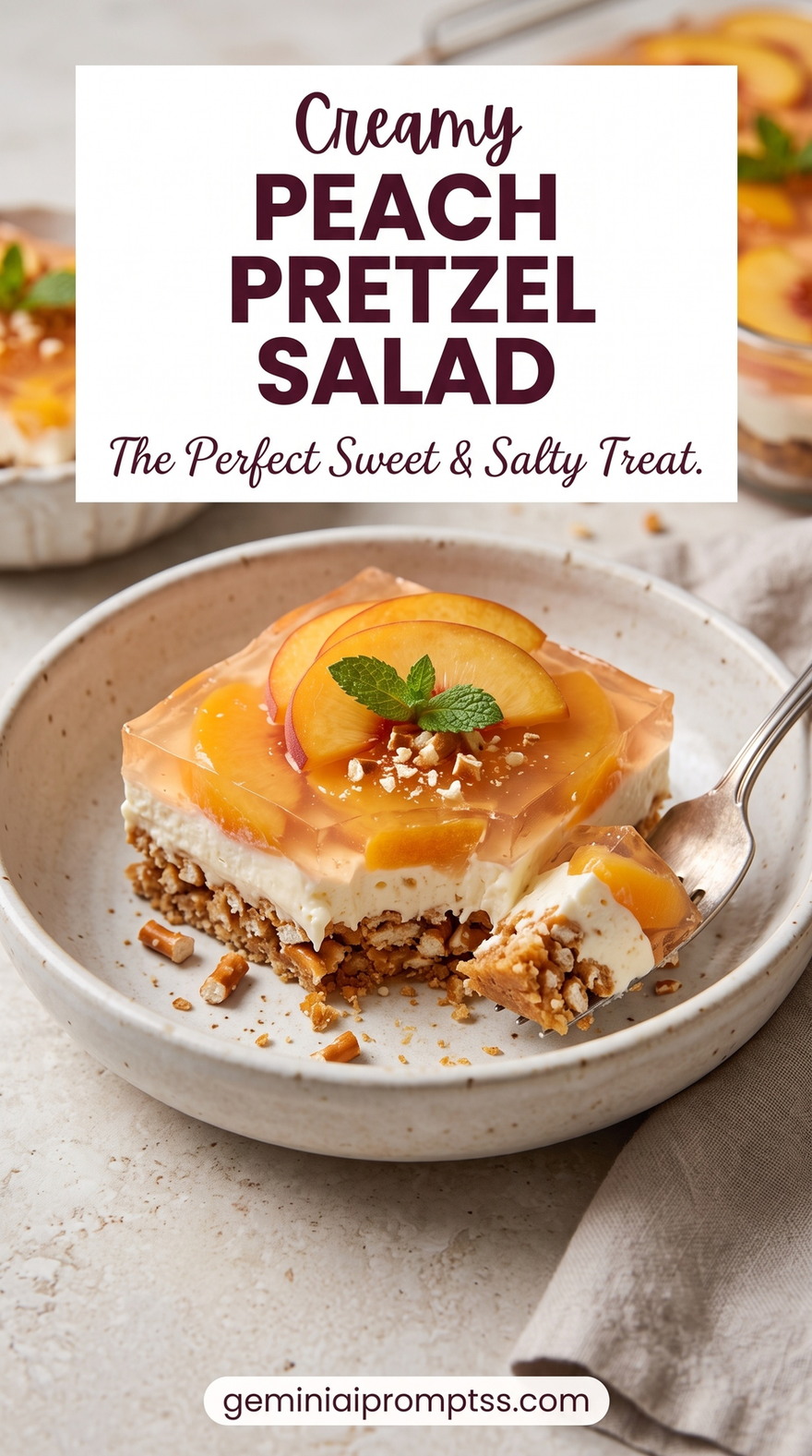 Peach Pretzel Salad showing a crisp pretzel crust, thick creamy center, glossy peaches layer