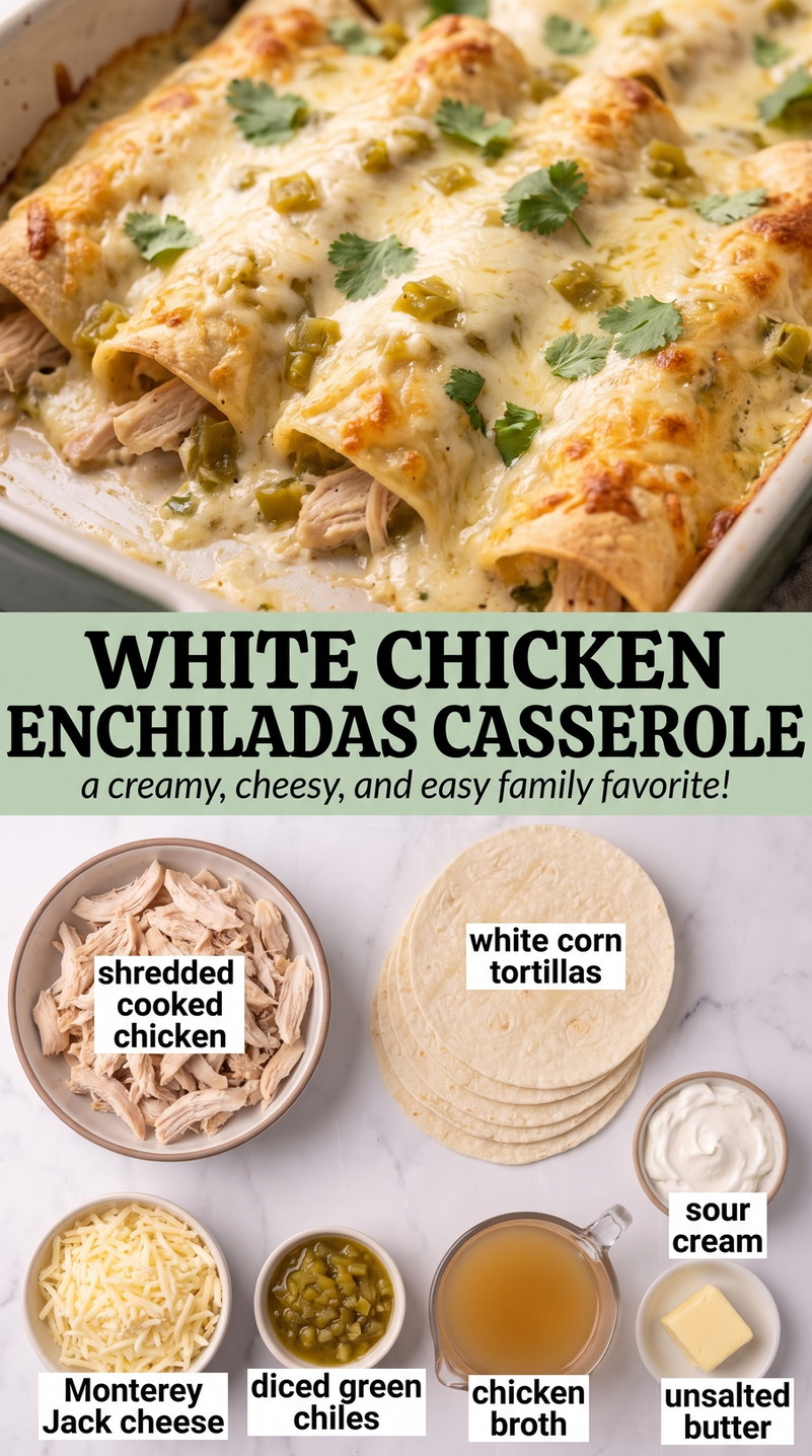 White Chicken Enchilada Casserole - creamy baked chicken enchiladas with melted cheese and green chile sauce