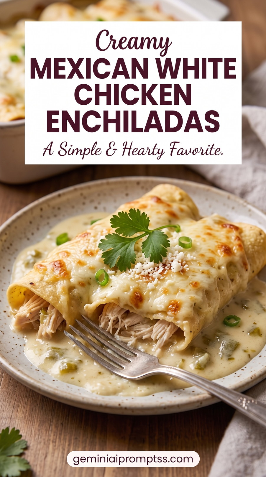 Chicken Enchiladas with Sour-Cream White Sauce with rolled tortillas, chicken, white sauce, melted cheese