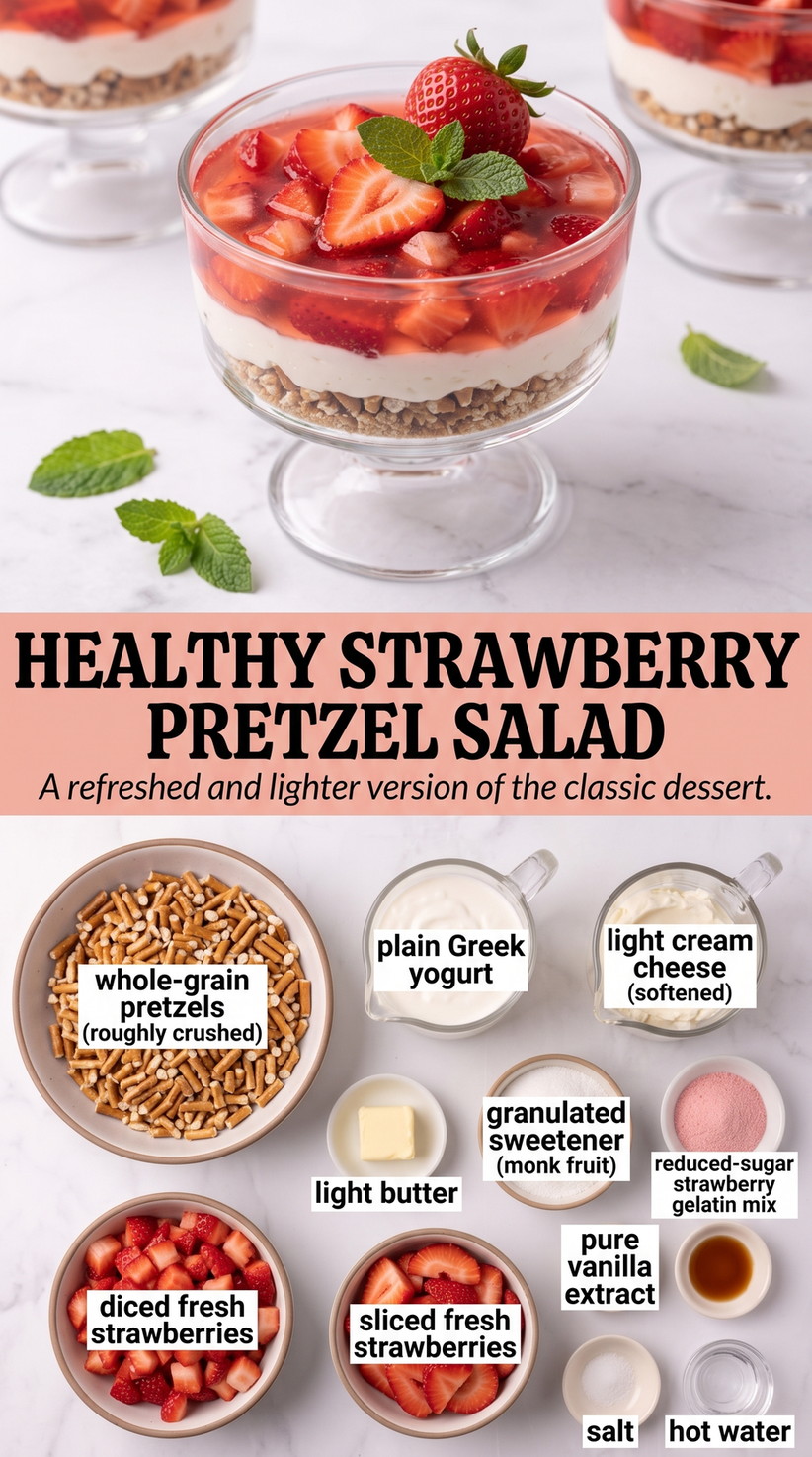 Healthy Strawberry Pretzel Salad with lighter strawberry pretzel salad with whole-grain pretzels, Greek yogurt, light cream cheese, and fresh strawberries