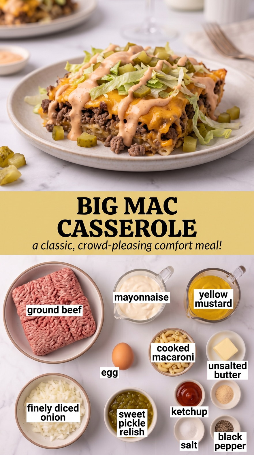 Big Mac Casserole showing ground beef and macaroni with cheddar and a creamy pickle-mustard Big Mac-style sauce