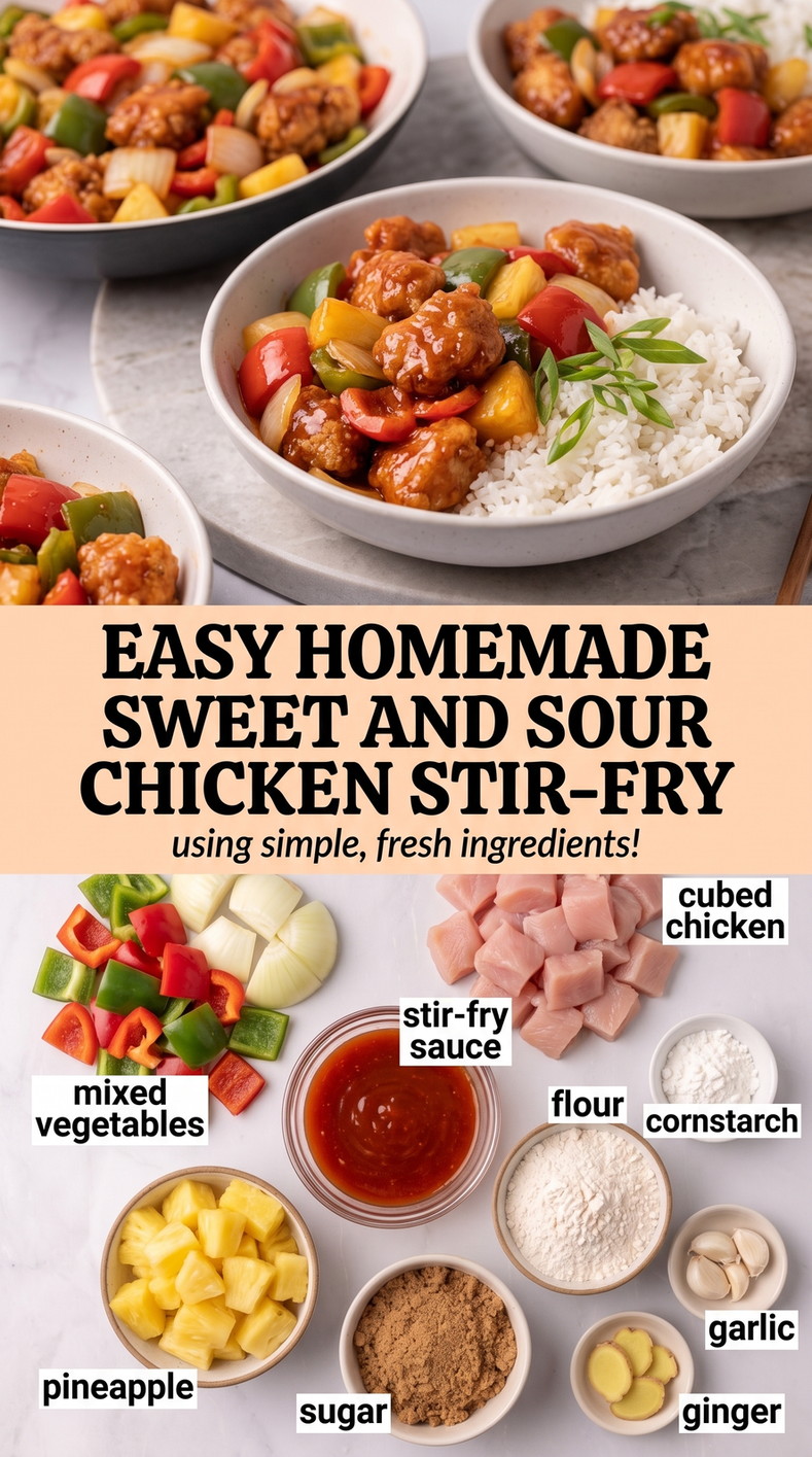 Sweet and sour chicken stir-fry finished dish made with mixed vegetables, cubed chicken, and stir-fry sauce