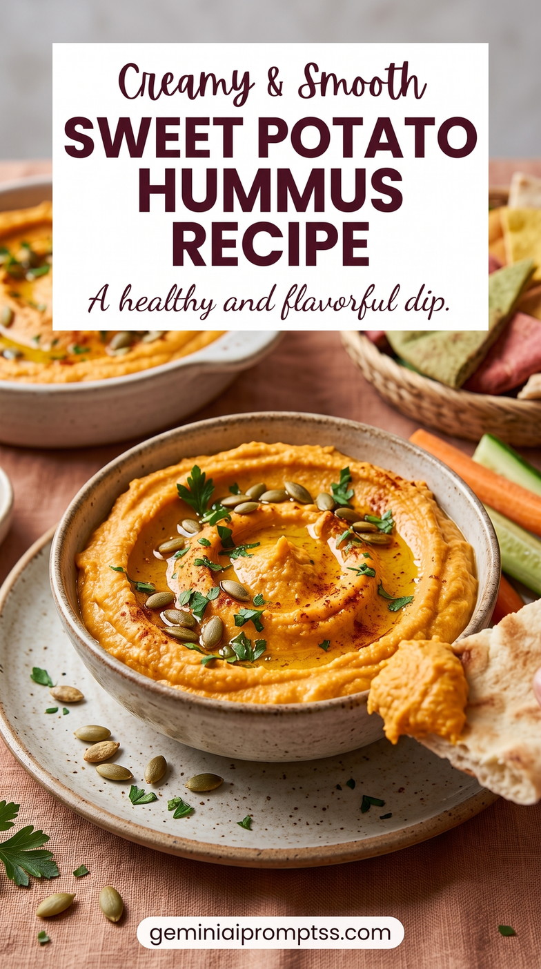 Sweet potato hummus recipe showing silky orange hummus finished with olive oil, paprika, parsley, and pumpkin seeds