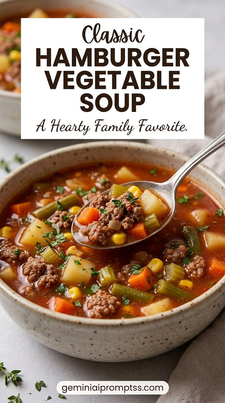 Hamburger Vegetable Soup showing a hearty hamburger vegetable soup with potatoes, carrots, green beans, corn, tomatoes, and parsley