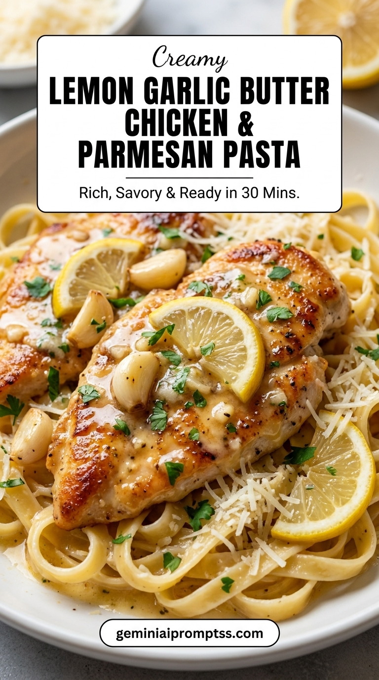 Lemon Garlic Butter Chicken with Creamy Parmesan Pasta with chicken, fettuccine, a creamy Parmesan sauce, grated cheese, and fresh green herb garnish