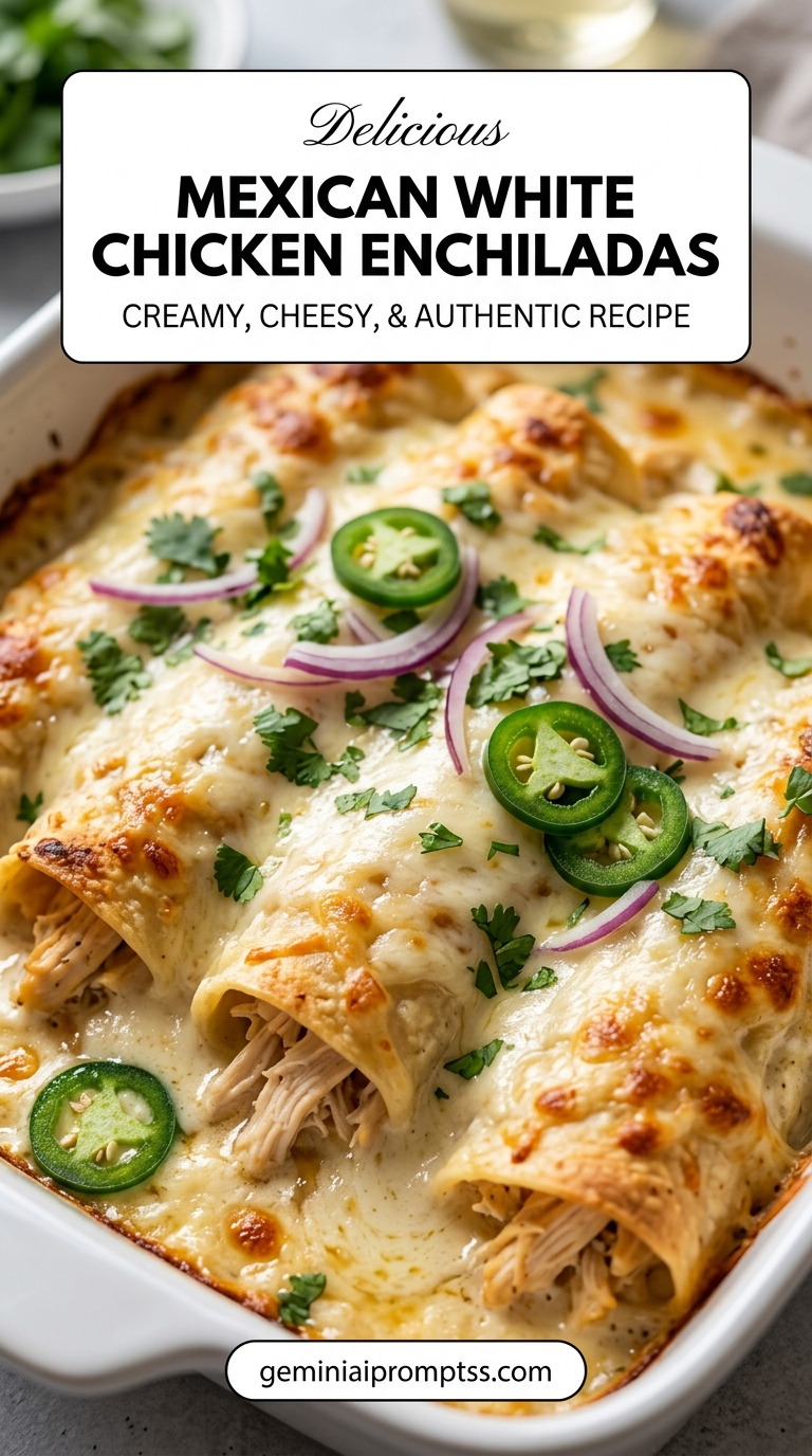 Mexican White Chicken Enchiladas finished dish with shredded chicken, melted cheese
