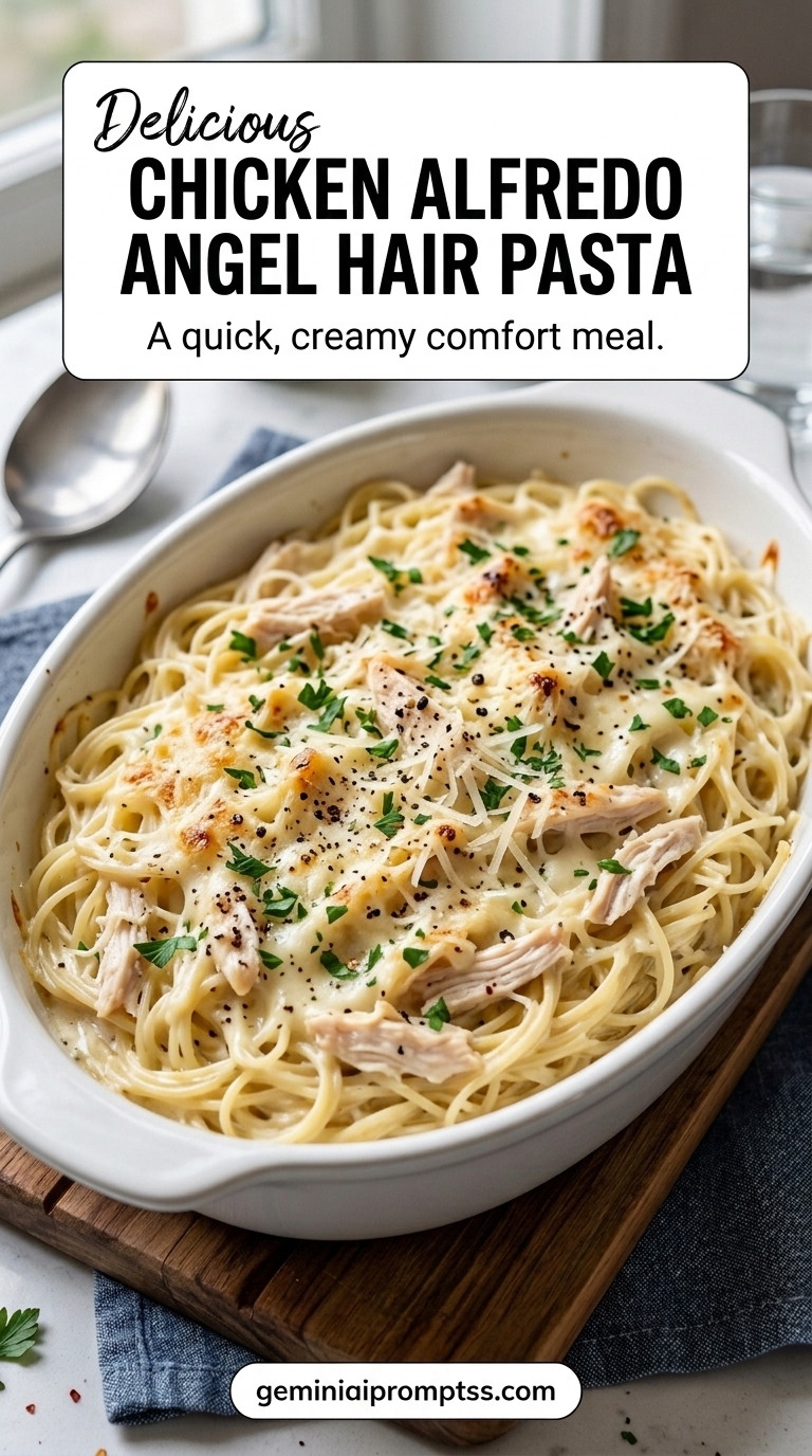 Chicken Alfredo Angel Hair Pasta finished recipe with thin angel hair pasta