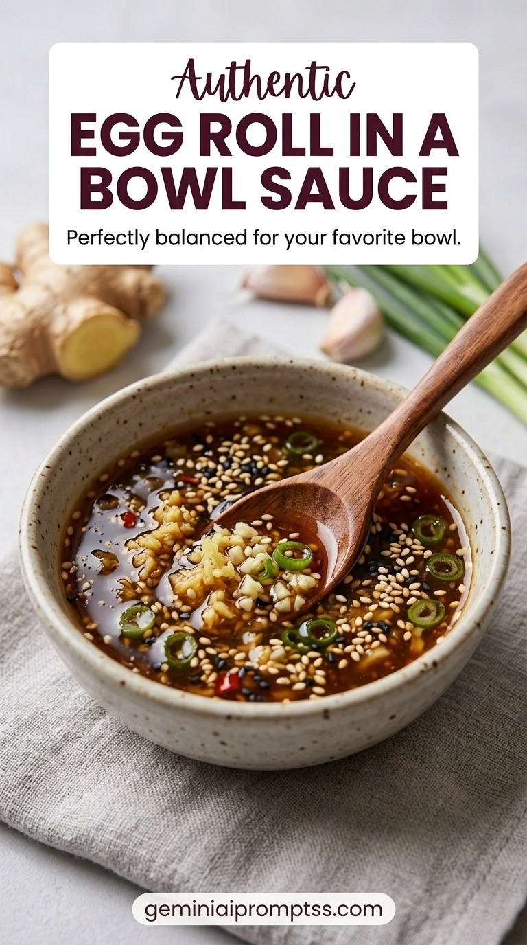 Egg Roll in a Bowl Sauce showing a glossy soy-sesame sauce with ginger, garlic, chili, sesame seeds, and green onion