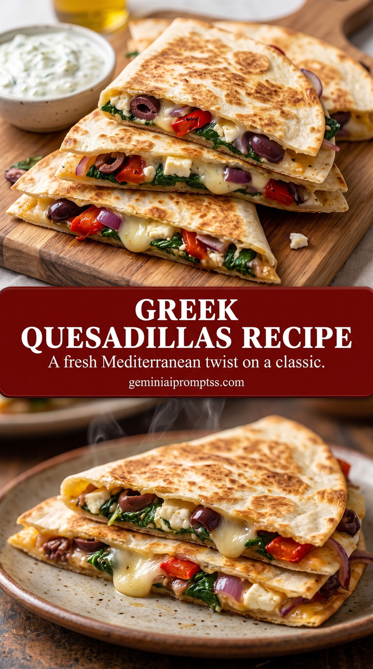Greek quesadillas recipe showing browned tortilla wedges with a melted savory filling