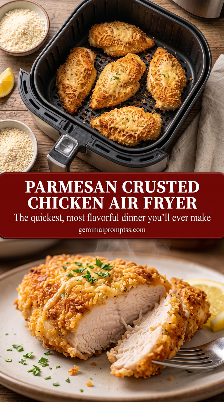 Parmesan Crusted Chicken Air Fryer with golden Parmesan-crusted chicken with a crisp crumb surface and a tender white center