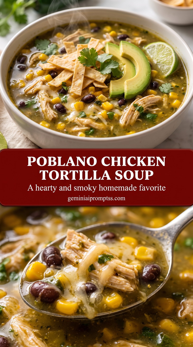 poblano chicken tortilla soup with roasted peppers with chicken, roasted poblano pepper, corn, beans, avocado, and tortilla strips