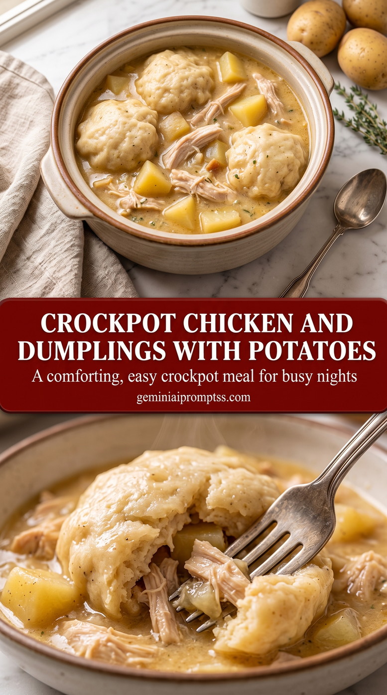 crockpot chicken and dumplings with potatoes with crockpot chicken and dumplings with potato chunks, shredded chicken, creamy broth, and soft dumplings