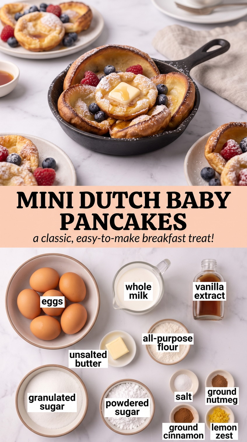Mini Dutch Baby Pancakes showing individual mini Dutch babies baked in small skillets and topped with berries and powdered sugar