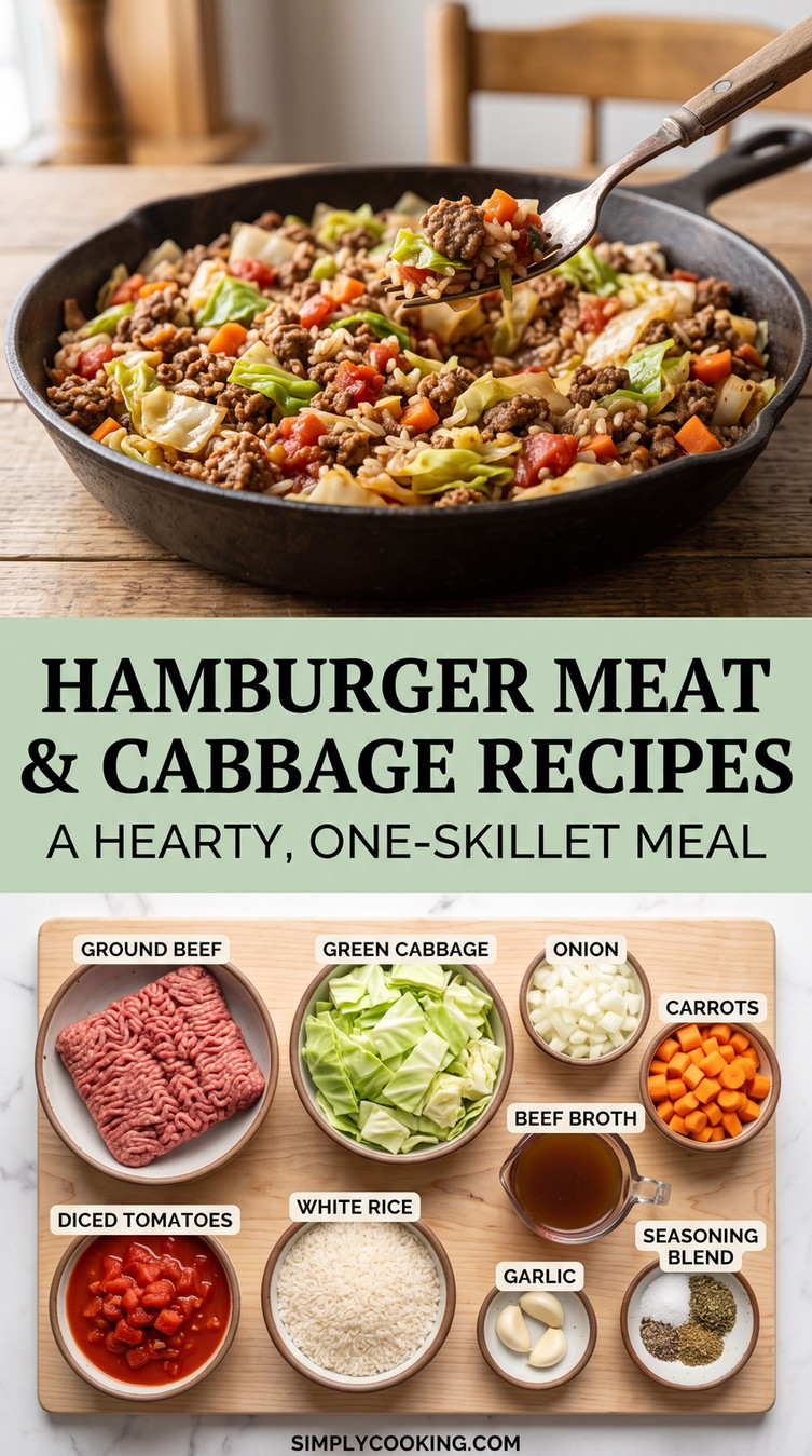 Hamburger Meat and Cabbage Recipes with one-skillet hamburger and cabbage with rice, carrots, tomatoes, onion, garlic, and beef broth