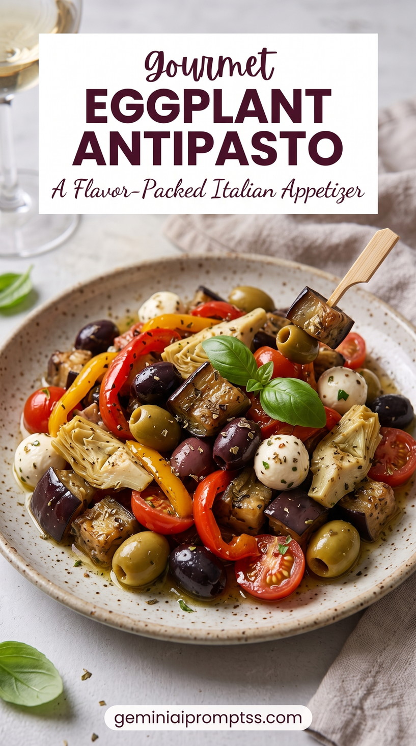 Gourmet Eggplant Antipasto Salad showing eggplant antipasto with bell peppers, olives, artichokes, cherry tomatoes, cheese, and basil