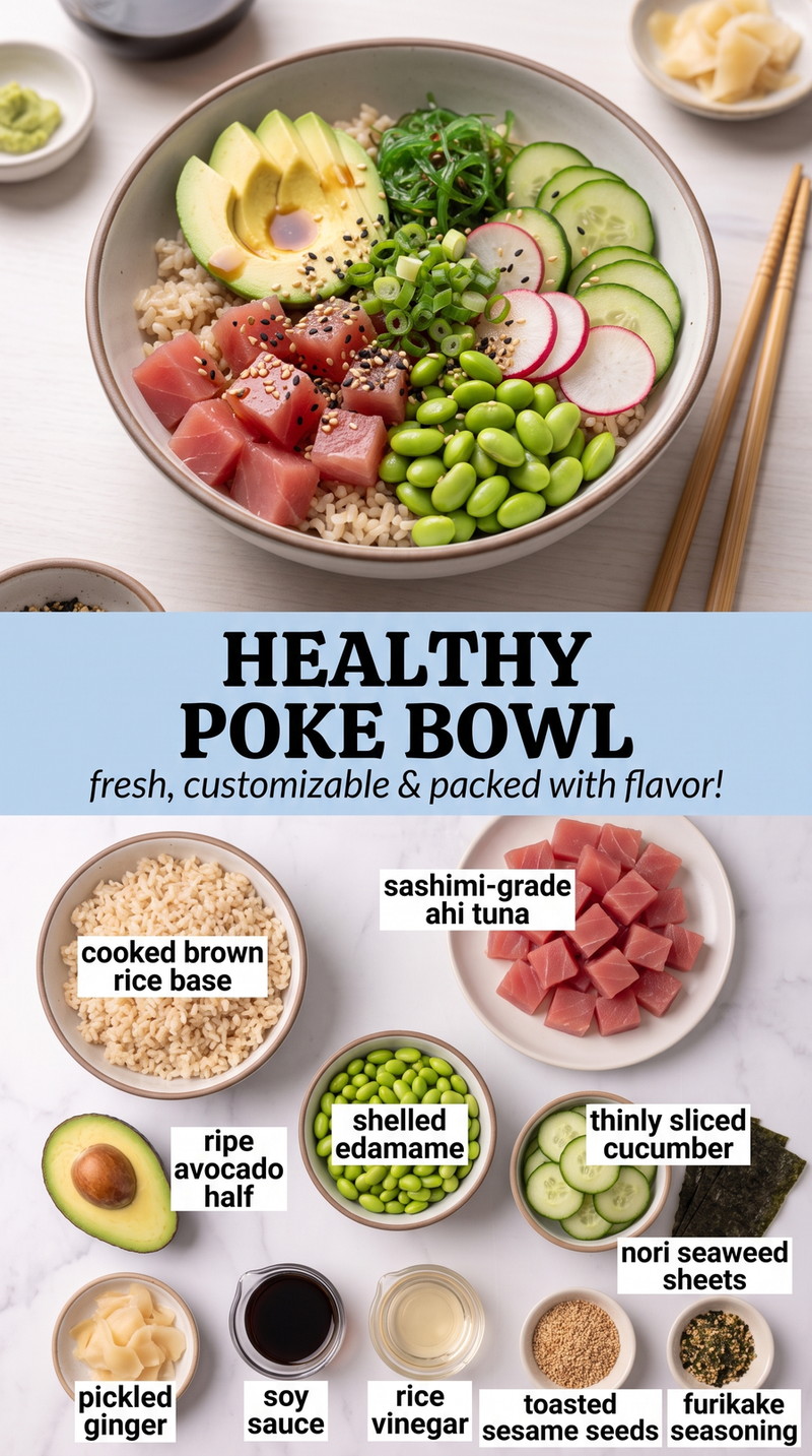 Healthy Poke Bowl showing ahi tuna with brown rice, avocado, cucumber, edamame, nori, ginger, sesame, and scallions