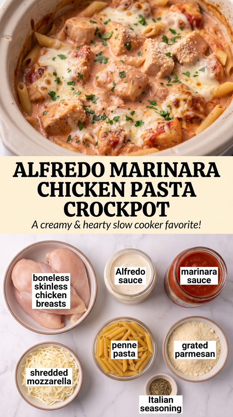 Alfredo marinara chicken pasta crockpot showing creamy pasta coated in Parmesan sauce with tender chicken