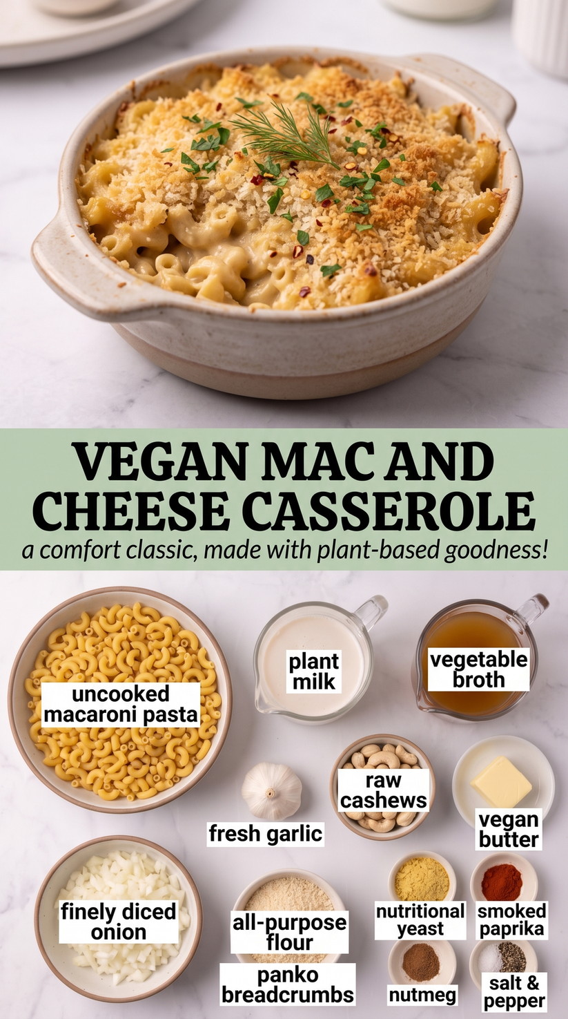Vegan Mac and Cheese Casserole with vegan macaroni casserole with a cashew-nutritional-yeast sauce, onion, garlic, paprika, and crisp panko