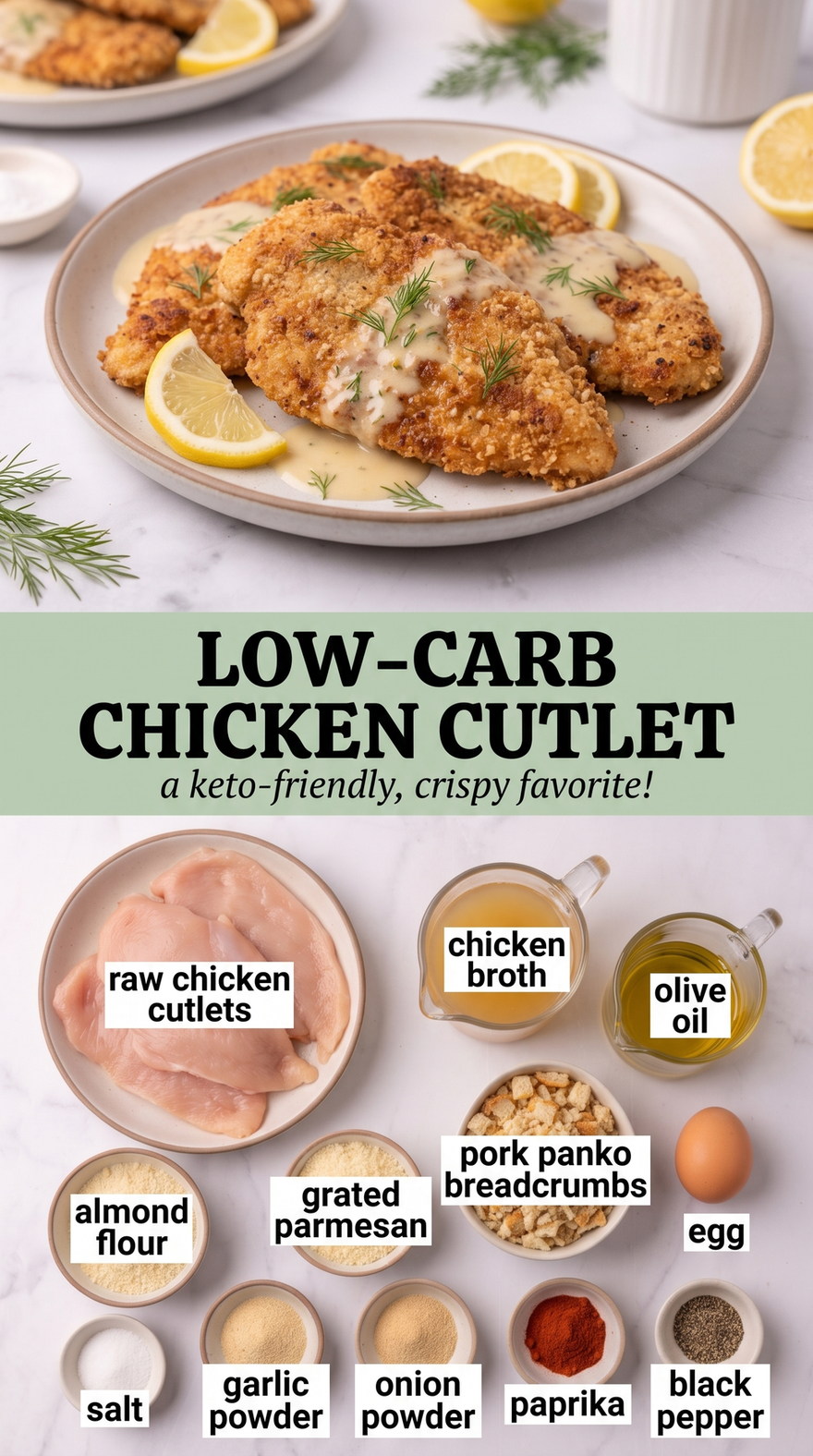 Low-Carb Chicken Cutlets with Parmesan-Herb Crust prepared as a finished low-carb chicken cutlet recipe recipe with browned cutlets ready to serve