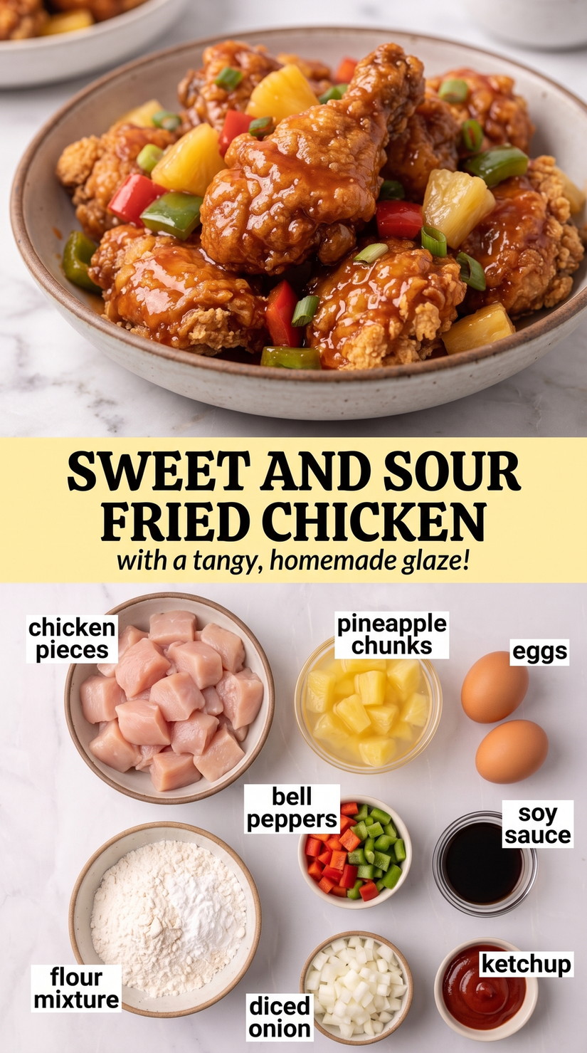 Sweet and sour fried chicken finished dish made with chicken pieces, pineapple chunks, and eggs