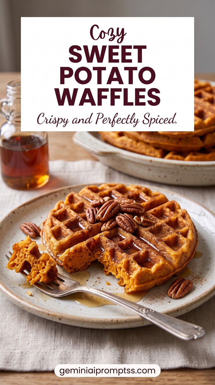 Sweet potato waffle recipe showing deep-golden waffles with crisp wells, soft sweet potato centers, maple syrup, and pecans